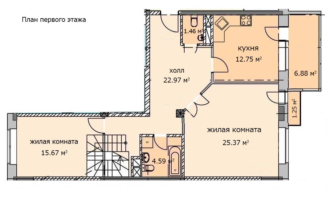 2х комнатная двухуровневая квартира. План первого этажа. Квартира 20, 6 этаж, Троицкий бульвар дом 7. Микрорайон ЖК Солнечный